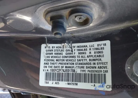 2018 Honda Civic Ex from USA, damaged, VIN 19XFC2F74JE017085